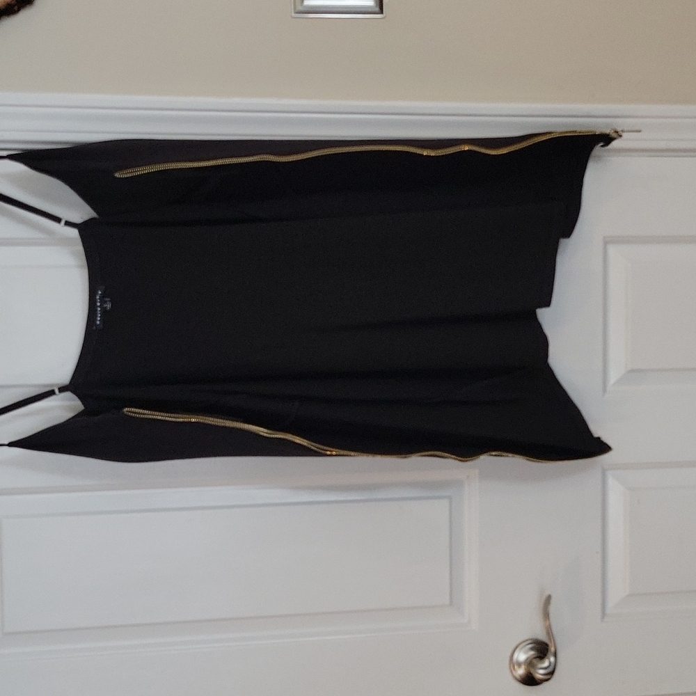 Stretchy Black Slim bodycon fitted Cocktail Dress w Gold Zipper Large - Picture 14 of 16